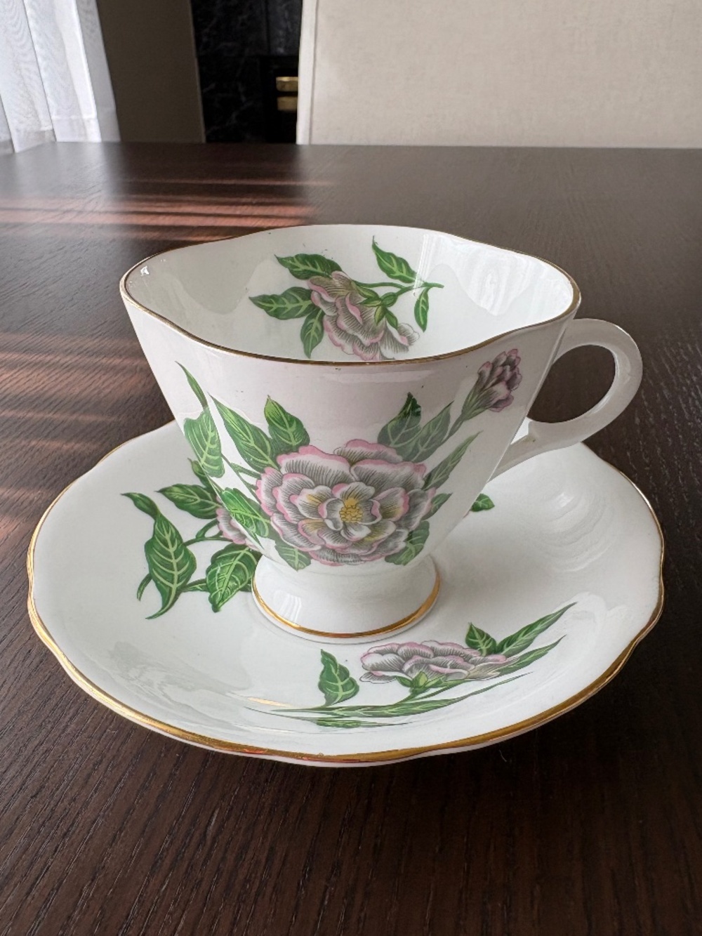 Vintage Windsor Bone China Teacup & Saucer England Pink Floral Gold Trim